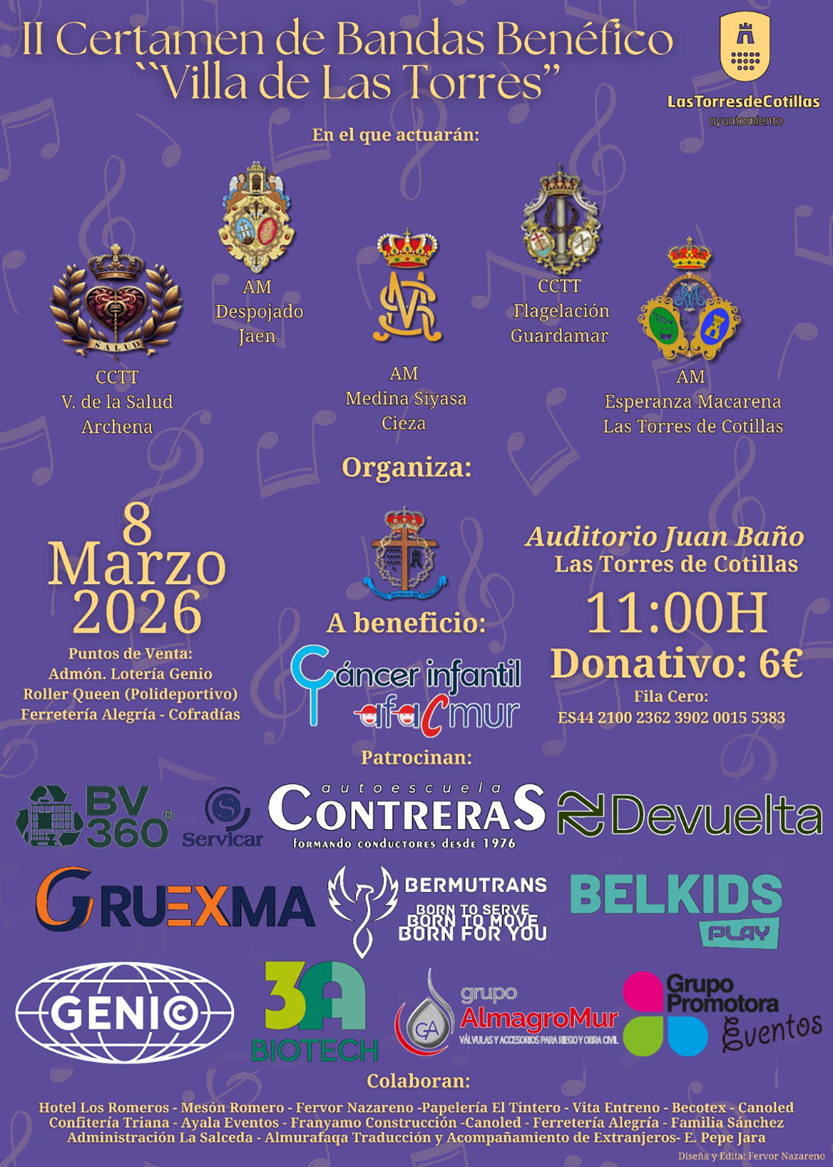 El II Certamen de Bandas "Villa de Las Torres" apoyará la lucha contra el cáncer infantil con su recaudación