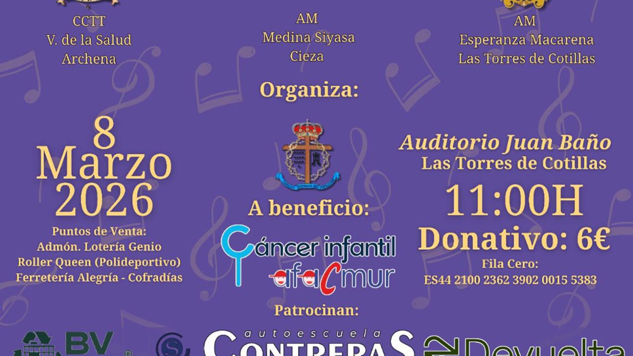 El II Certamen de Bandas "Villa de Las Torres" apoyará la lucha contra el cáncer infantil con su recaudación