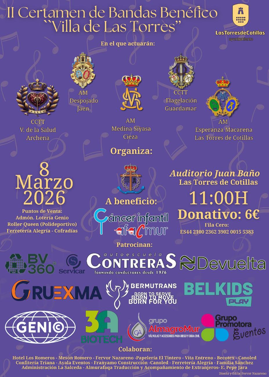 El II Certamen de Bandas "Villa de Las Torres" apoyará la lucha contra el cáncer infantil con su recaudación